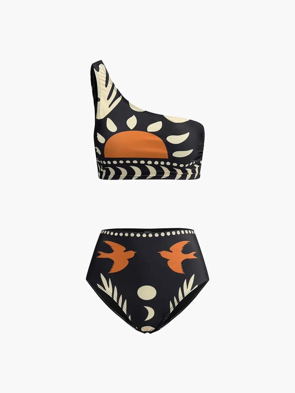 Commense Bird Print Asymmetrical Neck Bikini Set & matching cover-up maxi skirt